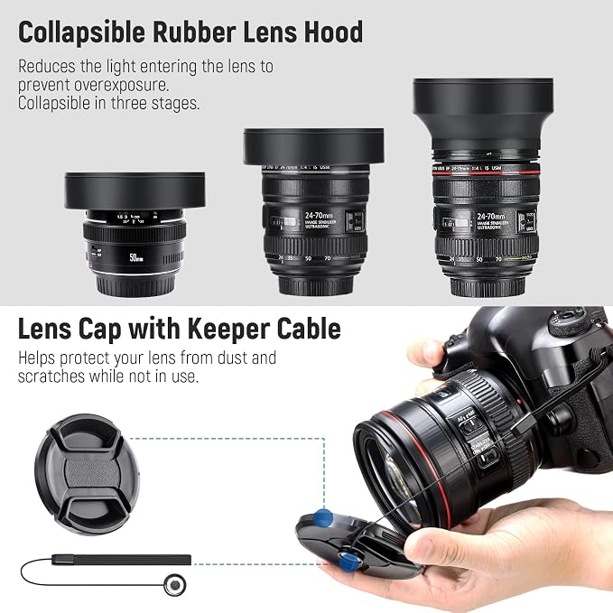 NEEWER 77mm ND2/4/8, UV/CPL/FLD Filter Kit with Lens Hoods, Cap, Pouch, Safety Tether & Cleaning Cloth (Glass) - Image 7