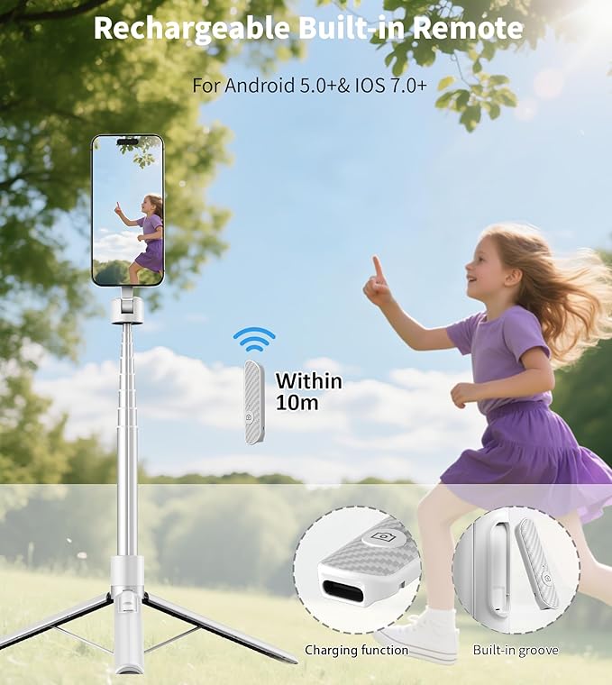 TONEOF 68" Magnetic Aluminum Phone Tripod Selfie Stick for iPhone & Android | Rechargeable Remote,360° Rotatable Foldable Cell Phone Stand Holder with Metal Ring,Travel Tripod for Magsafe (White) - Image 6