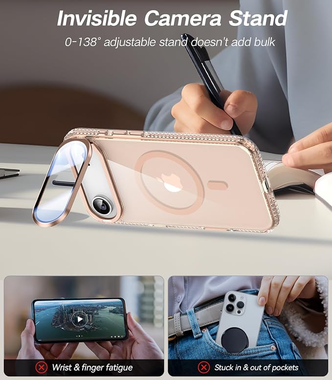 VOFATA [Upgraded Full Camera Protection] for iPhone Air Case with Camera Cover Stand [Fit for MagSafe][10FT Mil-Grade Protection] Transparent Magnetic Phone Cover for iPhone 17 Air Case, Clear Gold - Image 4