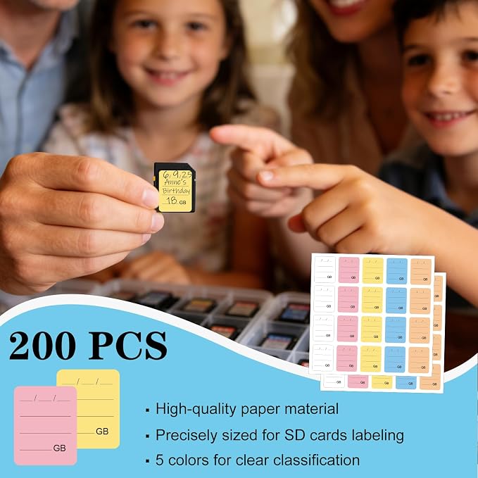 200PCS SD Card Labels, Stick-On Camera Memory Card Labels for Photographers,Multi-Color Stickers for SD Cards Classcification and Storage, Self-adhesive, Writable(0.98"x0.78") - Image 7