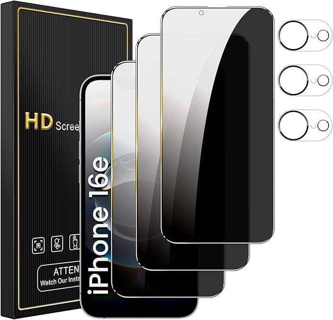 Romkasi 3 Pack Privacy Screen Protector for iPhone 16e 6.1 Inch with 3 Pack Camera Lens Protector, Anti Spy Tempered Glass Film, Anti-Scratch, Touch Sensitive, Case Friendly by Unknown