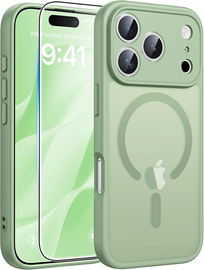 FNTCASE for iPhone 17 Pro Case, Fit for Magsafe, Screen Protector | Full Camera Protection, Translucent Matte, 14FT Military Grade Drop Proof, Shockproof Protective Phone Cover, Light Moss by FNTCASE