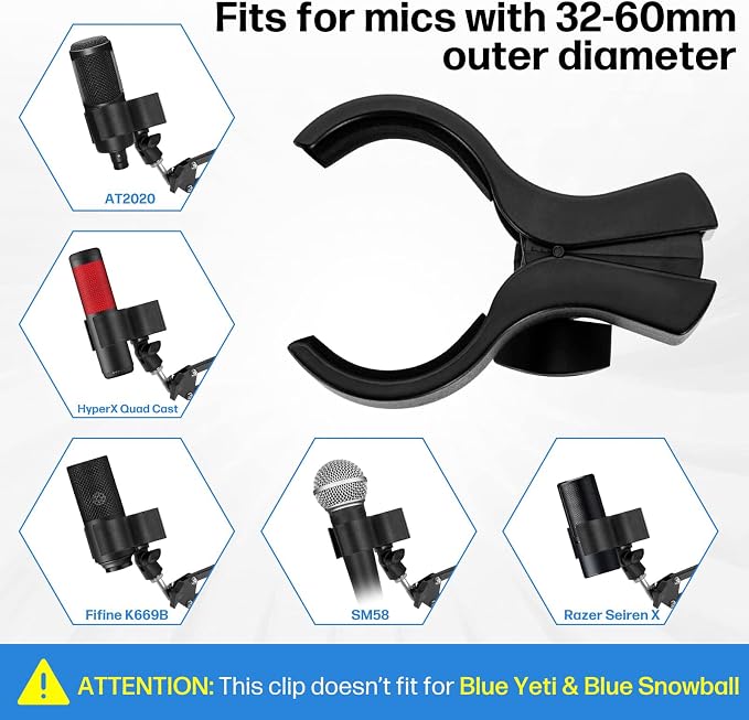 Large Microphone Clips for Mics with Outer Diameter 1.26" to 2.3" | Adjustable Mic Holder, Premium ABS, Inside sponge to protect microphones, With 5/8" Male to 3/8" Female Screw Adapter - Image 7