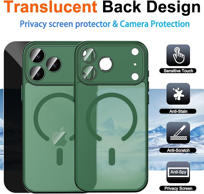 for iPhone 17 Pro Max Case with Privacy Screen Protector, Green | Full Camera Protection, Compatible with MagSafe, Magnetic Translucent Matte Shockproof Phone Cover for iPhone 17 ProMax - Image 2