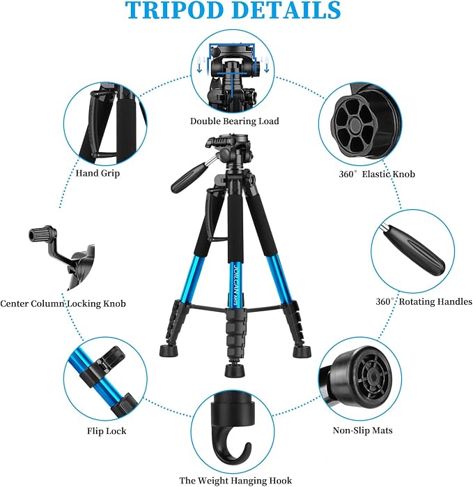 JOILCAN Tripod Camera Tripod, 74" Tripod for Camera Cell Phone | with Phone Holder for Video Recording, Heavy Duty and Tall, Travel Tripod Compatible with DSLR Canon iPhone, Max Load 15 LB - Image 5