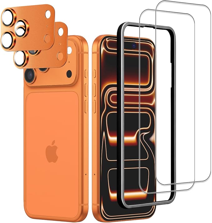Screen Protector for iPhone 17 Pro 6.3 inch +2 Pack Orange Metal Camera Lens cover Protector by WowFluy