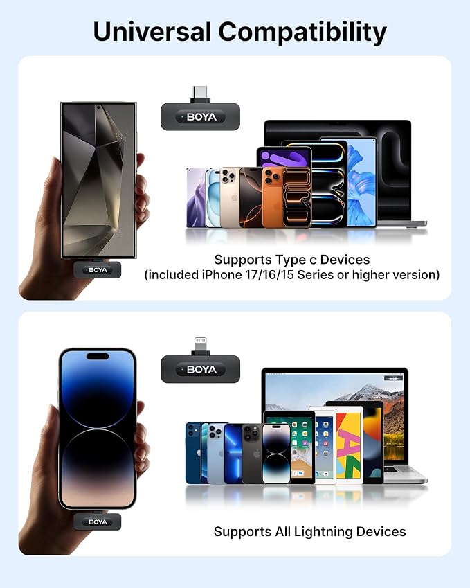 BOYA V3 Combo Wireless Microphone for iPhone/Android/PC/Laptop with USB-C/Lightning Port, 36H Battery Life with Charging Case, Noise Canceling Lapel Microphone Wireless Mini Mic for Video Recording - Image 8