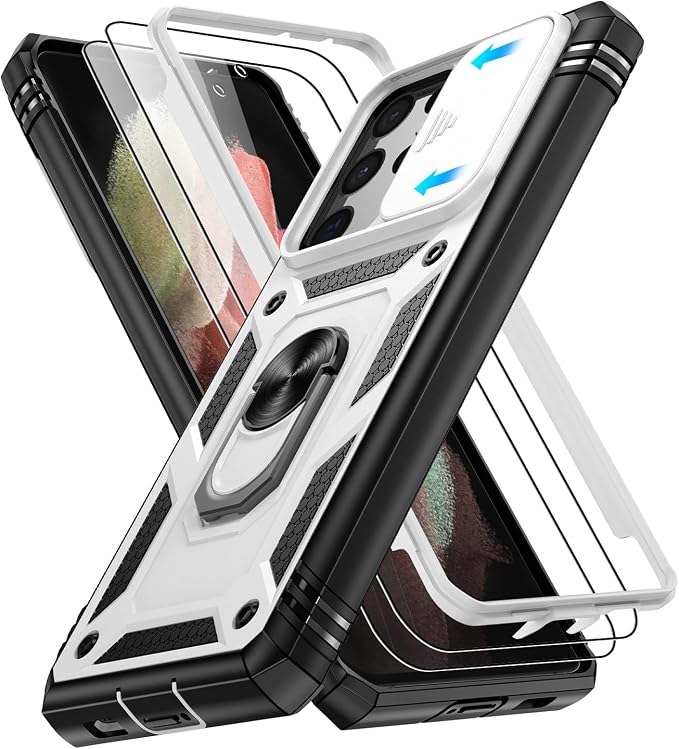 Gritup for Samsung Galaxy S21 Ultra Case: Galaxy S 21 Ultra Case with 2*Screen Protector | Magnetic Stand & Slide Camera Cover | Shock Proof Military-Grade Funda para S21Ultra Cover, White+Black by Gritup