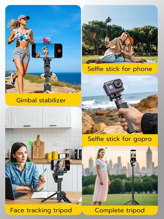 AOCHUAN AI Tracking Gimbal Stabilizer for iPhone w/Wirless Remote-M3Promini | 360° Rotation for iPhone/Andriod Sefie Stick, One-Touch Open Tripod, RGB Fill Light, 4 in 1 Phone Gimbal for Vlogging, Travl - Image 8