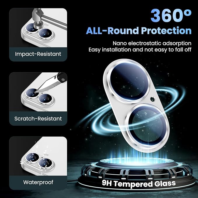 Uyiton for iPhone 17 Camera Lens Protector, Metal Frame Glass Cover | Not Easy to Break, Strong Adsorption, Case-Friendly, Metal 9H Sapphire Glass Rear Camera Screen Cover, White - Image 2