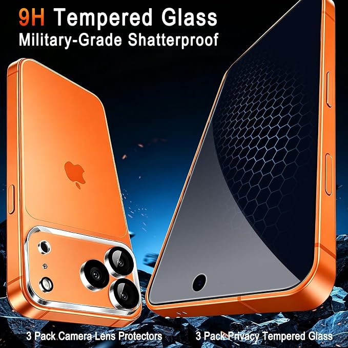 TZGZT Privacy Screen Protectors for iPhone 17 Pro Max, Tempered Glass, HD | 3 Pack, 9H+ Military Grade Shatterproof, Easy Installation, Bubble Free, Case Friendly, Includes Camera Lens Protectors - Image 2