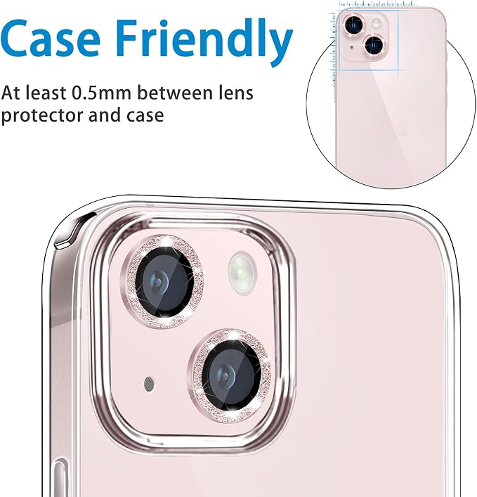 for iPhone 13 Mini & iPhone 13 Camera Lens Protector, Bling Glitter 9H Tempered Glass Camera Cover Anti Scratch Shockproof Screen Protector Individual Ring - 2Pcs Glitter Pink - Image 2