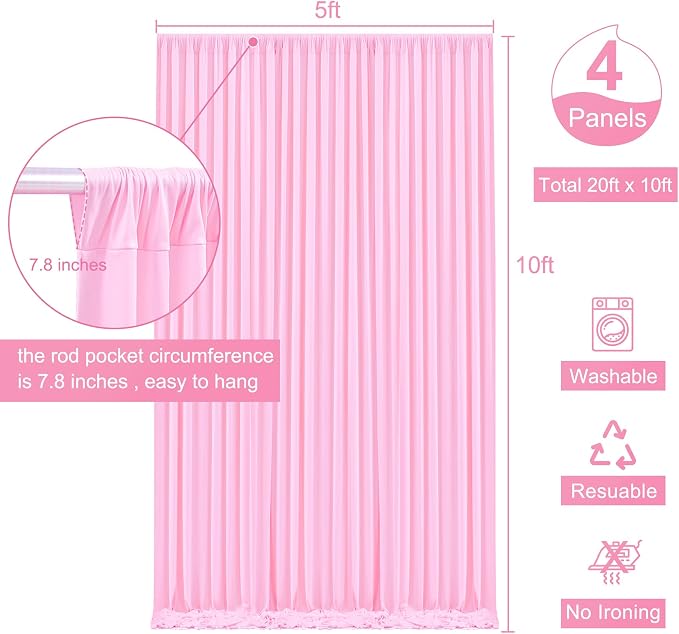 4 Panels Pink Backdrop Curtain for Parties Baby Shower Wrinkle Free Pink Photo Curtains Backdrop Drapes Fabric Decoration for Wedding Birthday Party 20ft(W) x 10ft(H) - Image 5