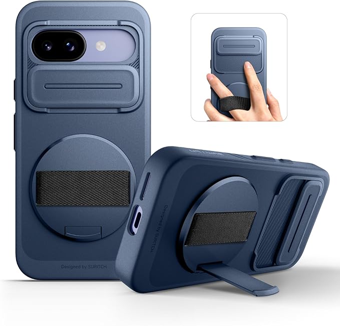 SURITCH for Google Pixel 9a Case with 360° Rotatable Hand Strap Phone Grip Holder & Invisible Kickstand & Slide Camera Cover, Slim Rugged Shockproof Protective Cover for Pixel 9a, Dark Blue by SURITCH