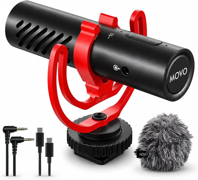 Movo VXR10-AI v2 Shotgun Microphone with AI Noise Cancellation - Camera Microphone for DSLR, Smartphone & Computer - Supercardioid On-Camera Mic with 3.5mm & USB-C Cables - Latest Version by Movo