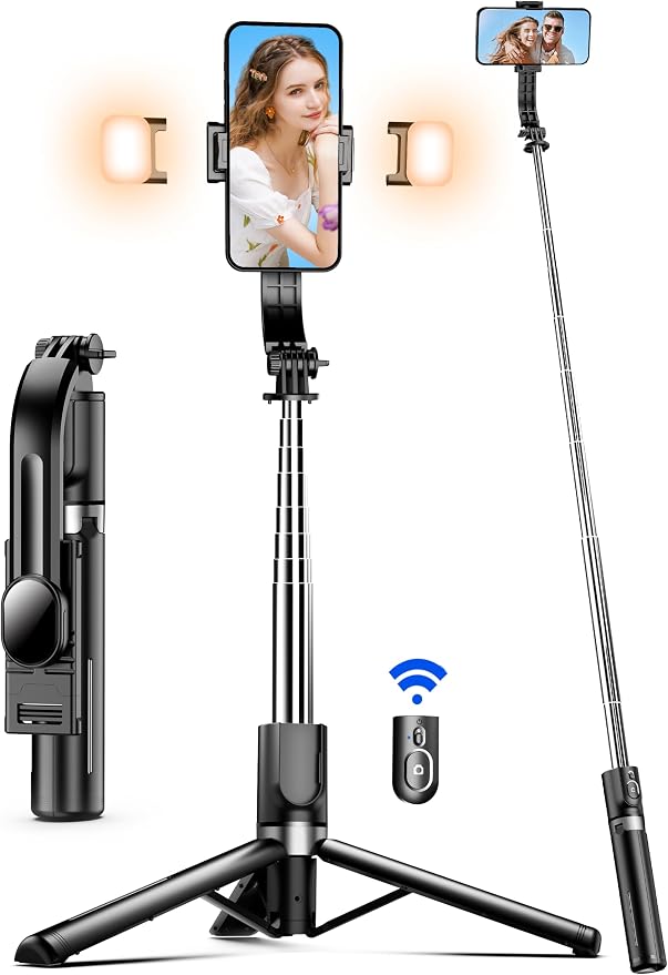 45" Selfie Stick Tripod with 2 Lights, Extendable 5 in 1 Selfie Stick Phone Tripod, Portable Selfie Sticks with Wireless Remote Compatible with iPhone 15/14/13 Pro Max, Samsung, Android, Gopro by SelfieShow