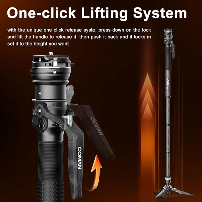 One-Click Lifting Monopod with Feet, 65’’ Travel Monopod with 360° Ball Bowl Head, Lightweight Camera Tripod with Arca Quick Release for Canon Nikon, DSLR Cameras, Max Load 22lbs/10kg (M1S) - Image 2