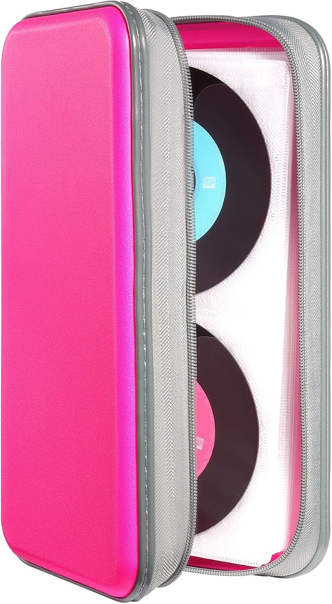 CD Case Holder,UENTIP 96 Capacity DVD Case Hard Plastic Case Holder CD Organizer Wallet Protective DVD Storage (96, Pink) | CD DVD Storage,Zipper Closure,Scratch-Resistant Sleeves,Stay Away Dust and Damp,Storage Music Video Gaming Discs Blu-ray by UENTIP