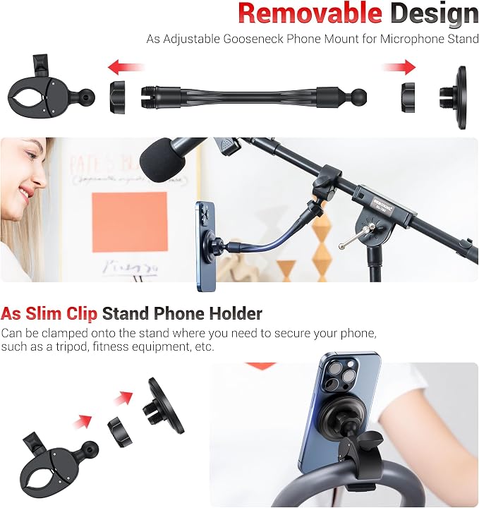 Magnetic Mic Stand Phone Holder w Removable Gooseneck Magnetic Phone Clip | for MagSafe Clamp Mount Phone Holder,360° Adjust Microphone Music Stand Phone Holder Clip for Smartphones Treadmill Stroller - Image 7