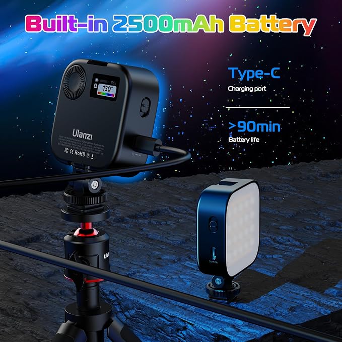ULANZI U60 RGB Video Lights Black LED Camera Light 360° Full Color Portable Photography Lighting w Quick Release Cold Shoe Adapter and Clip, 2500mAh Rechargeable CRI 95+ 2500-9000K Dimmable Panel Lamp - Image 7