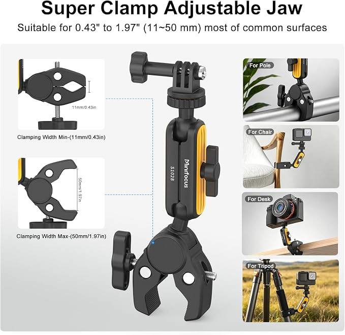 MINIFOCUS Super Clamp with 360° Dual Ball Head Magic Arm, 1/4" Thread Screw, Action Camera Clamp Mount Adapter for DSLR, Monitor, Action,Insta360 for Desk Tripod Tube Crossbar Bike/Motorcycle - Image 3