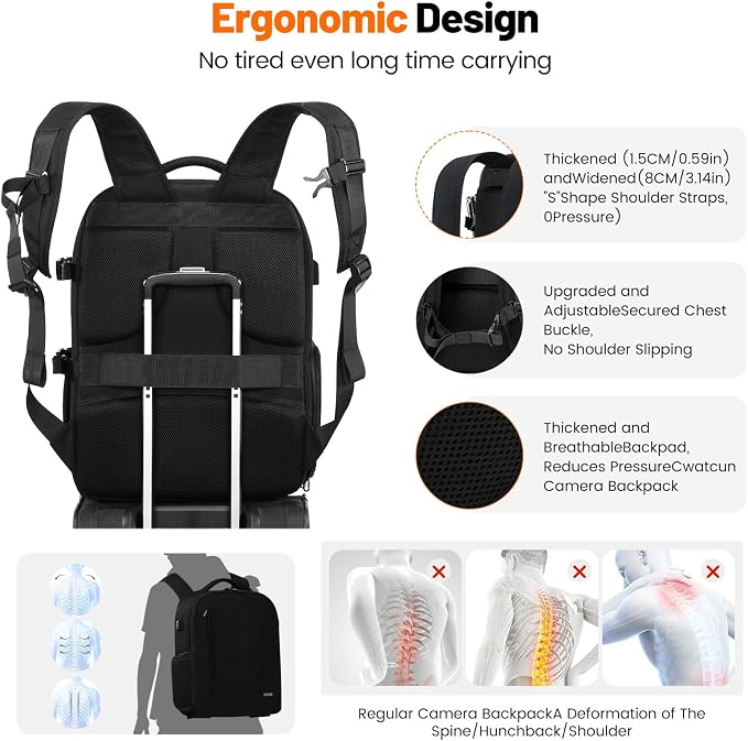 Cwatcun Camera Backpack, Large Water-Resistant DSLR Bag for Canon/Nikon/Sony - Image 7