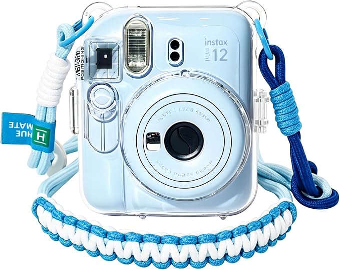 Clear Camera Case for Fujifilm Instax Mini 12, Blue Camera Strap | Protective Cover with Anti-Accidental Shutter, 4 Composition Cards, Photo Storage Holds 10 Films, Clear Hard Shell, No Camera by Huemate