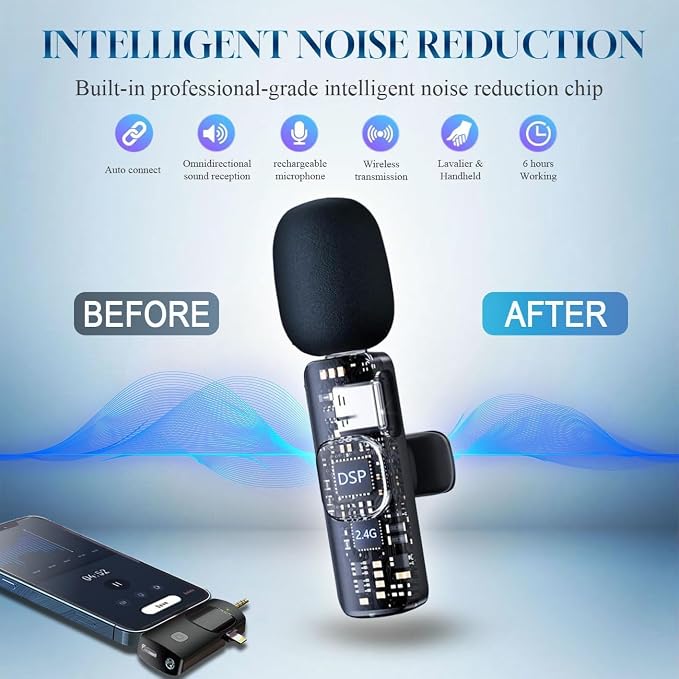 3 in 1 Wireless Lavalier Microphone for iPhone, iPad, Android, Camera,12-Hour Battery, mini Noise Reduction Recording Mic 2.4G Ultra-Low Delay, Microphone for Vlog/ TikTok/YouTube Live Stream( 1 Mic) - Image 2