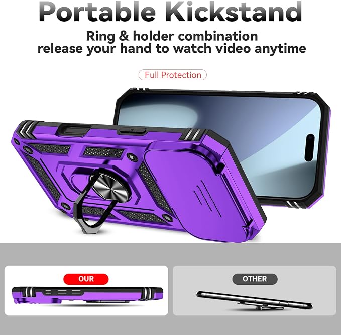 SunStory Phone Case for iPhone 17 Pro Case with HD Screen Protector & Slide Camera Cover & Rotated Ring Kickstand, [Military-Grade] Phone Case for iPhone 17 Pro, Purple - Image 2