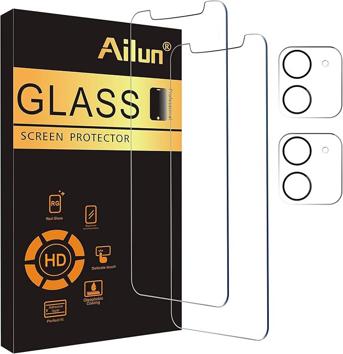 Ailun Screen Protector + Camera Lens Protector for iPhone 12, 2+2 Pack | 6.1 Inch, Tempered Glass Film, HD by Ailun