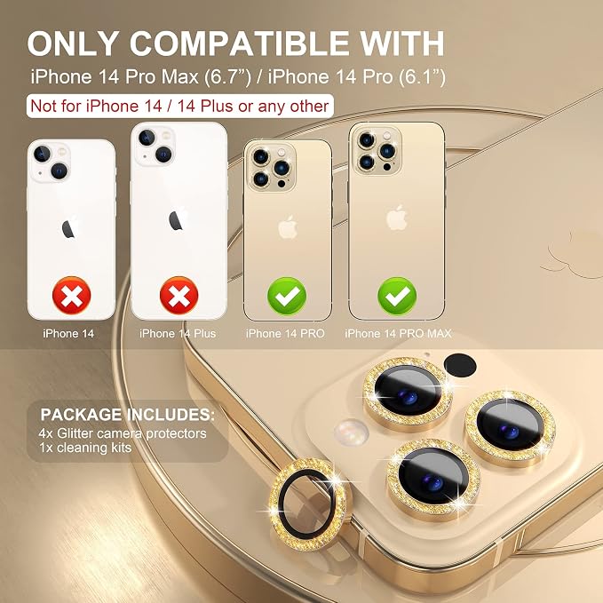 Choiche for iPhone 14 Pro/iPhone 14 Pro Max Camera Lens Protector | Ultra HD, Bling 9H Tempered Glass Camera Cover Screen Protector Metal Ring Decoration Accessories (Glitter-Gold) - Image 2