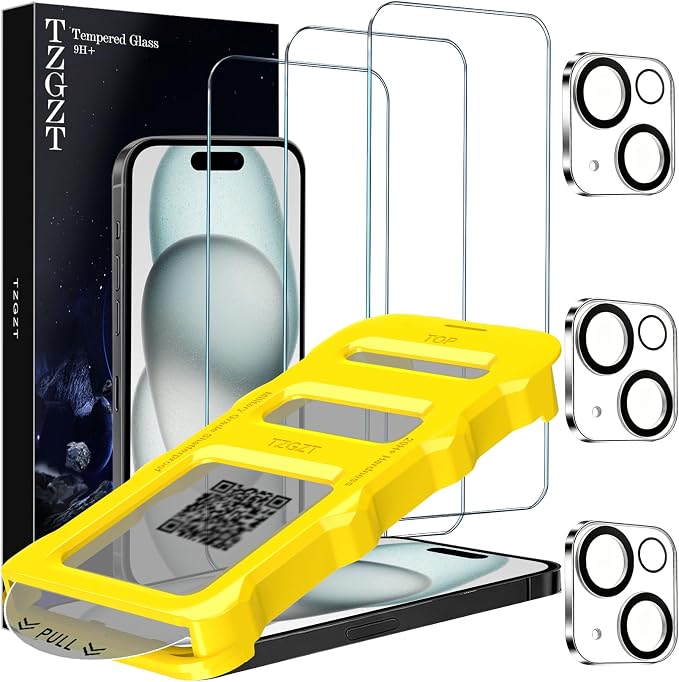 TZGZT 3 Pack Screen Protector for iPhone 15, Tempered Glass, Case Friendly | 9H+ Hardness, Military Grade Shatterproof, Anti-Scratch, HD, Easy Installation, Bubble Free, Include Camera Lens Protectors by Unknown
