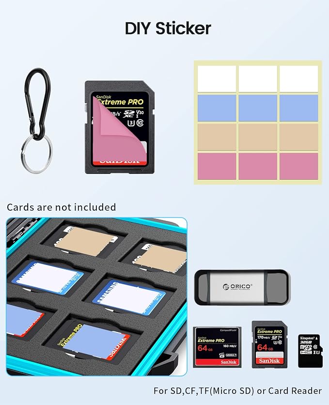 ORICO 24 Slots SD Card Case Holder Water Resistant & Anti-Shock Memory Card Case for SD/Micro SD SDXC SDHC TF Card Carrying Storage Organizer Protector Cover with Labels&Carabiner - Image 6