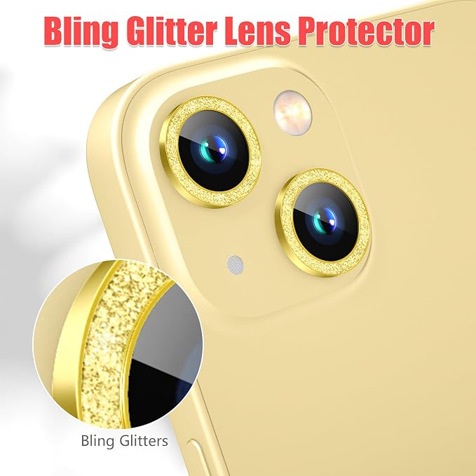AGVEE 3+3 6 Pack for iPhone 15/15 Plus Camera Lens Protector Cover | Individual Bling Diamond & Bling Glitter Sparkle Cute Gem Metal Ring, 9H Tempered HD Glass - Image 5