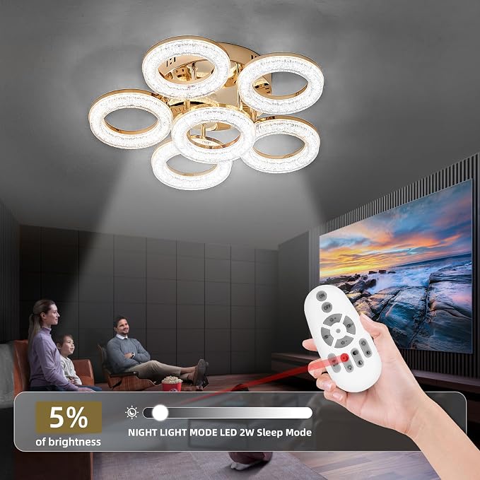 Modern Ceiling Light, 6 Rings 17.7'' Dimmable LED 60W Flush Mount Ceiling Lights with Remote Acrylic Crystal Round Ceiling Light Fixture, Bedroom Living Room Dining Room, Gold - Image 6