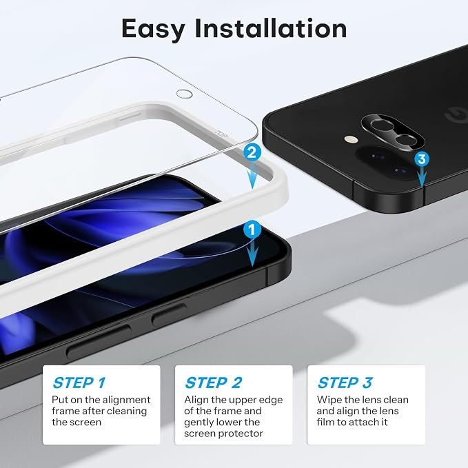 OMOTON 3+2 Pack for Google Pixel 9a Screen Protector 6.3 inch | 3 Pack Tempered Glass Screen Protector & 2 Pack Camera Lens Protector with Alignment Framework, Case Friendly - Image 4