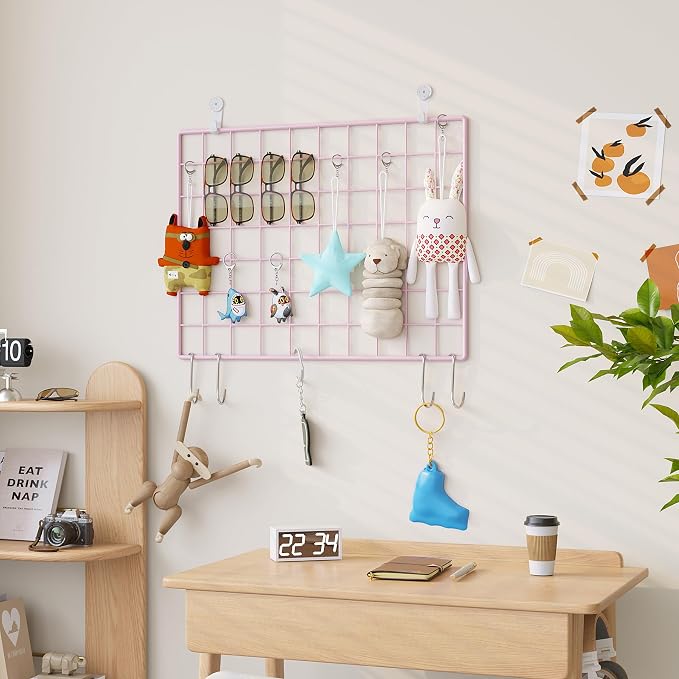 C&AHOME Photo Wall Display Set of 2, Wall Grid Panel, 15.7" x 11.8", Pink | Photo Display Shelves, Wall Storagae Organizer, Hooks, Clips, Hemp Cord, Hammer - Image 7
