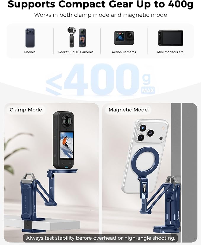 OMOTON TP02-Ultra Multi-Device Camera & Phone Mount with 1/4" Adapter, Blue | Built-In 1/4" & Arca Base, Clamp, Magnetic & Tripod Setups for iPhone, Pocket/Action Cameras, Overhead & Low-Angle Filming - Image 7