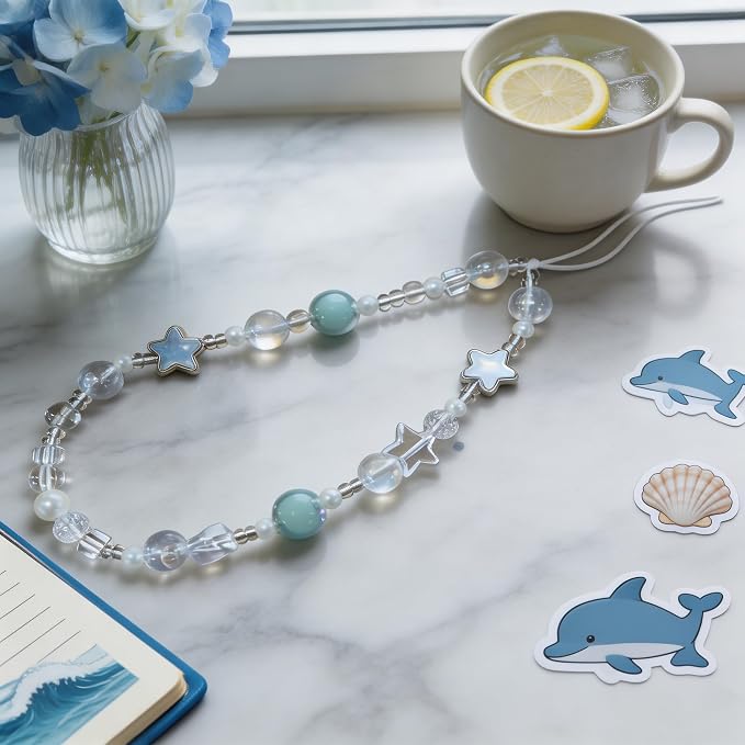 2 Pcs Phone Charm Strap Hand Wrist Strap Camera Lanyard Pearl Beaded Cute Chain String Accessories Universal for iPhone 17 Pro Max 16 15 for Samsung Women Girls Keychain Bag Blue Fish and Green Beads - Image 2