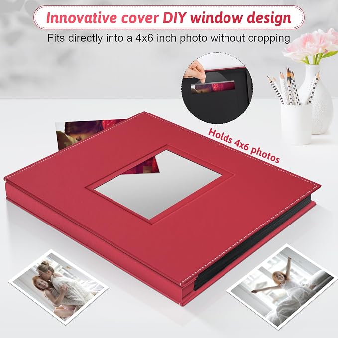 Popotop 4x6 Photo Album Holds 500 Pictures, Vegan Leather Hardcover | 500-Photos Capacity, Clear Slip-In Pockets, Large Collection Format, Front Photo Window, Gifts for Family Wedding Baby - Image 2