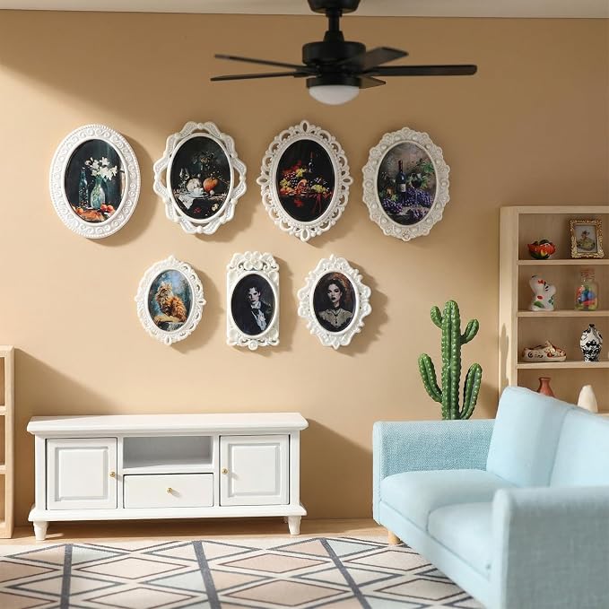 7pcs Mini Picture Frame,Small Vintage Picture Frame 1/12 Scale Accessory | White Oval, with 7 Pictures, Antique Tiny Photo Frame, for DéCor, Tabletop Wall Mount, Display - Image 3