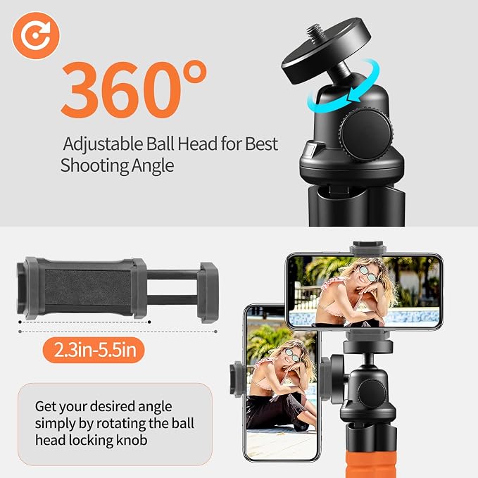 Aureday Phone Tripod, Flexible Tripod for iPhone and Android, Portable with Wireless Remote and Clip for Video Recording/Vlogging/Selfie (Orange) - Image 5
