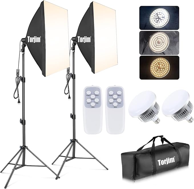 Torjim Softbox Photography Lighting Kit, 2Pcs 27" x 27" Professional Soft Box | 3000K-7500K 85W LED Bulbs with Remote, Photography Continuous Lighting Kit for Studio Lights, Portrait, Video Recording by Torjim