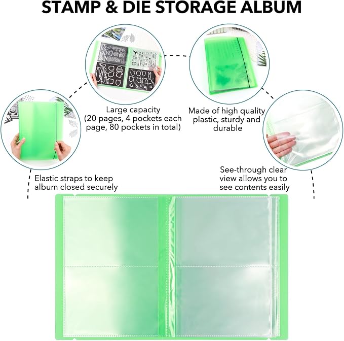 2 Pack Large Sticker Photo Storage Album, Stamp & Cutting Dies Storage Book Organizer Folder for Cards Storage DIY Scrapbooking Card Making Supplies 20 Pages 80 Pockets/Pack (Clear + Green) - Image 6