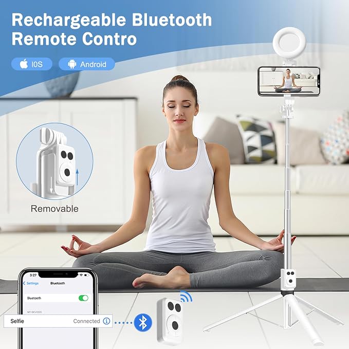 Selfie Stick Tripod with Fill Light, Phone Selfie Stick,Durable Stainless Steel Design,Bluetooth Remote Control,and Stable Three-Legged Support for Live Broadcasts,Video Shooting (White) - Image 2