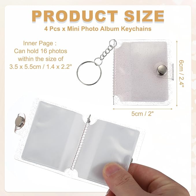 uxcell 4 Pcs Mini Photo Albums, 2.4 Inch PVC Small Photo Storage with Keychain Photo Album with 16 Pockets for Pictures Valentine's Day Gift Wedding, Pink - Image 2