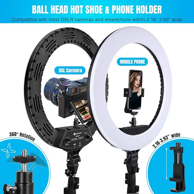 Ring Light 18 Inch LED Ringlight Kit with 73 inch Tripod Stand with Phone Holder Adjustable 3200-6000k Color Temperature Circle MUA Lighting for Camera for Vlog, Makeup,Youtobe, Video Shooting, Selfie - Image 4