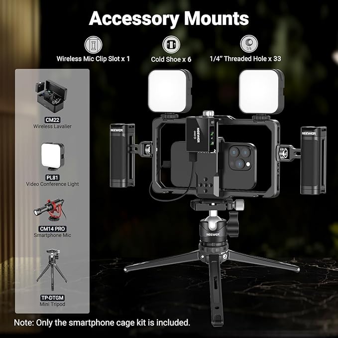 NEEWER Upgraded Phone Rig Vlogging Kit, Video Stabilizer with Dual Handle, Wireless Mic Clip Slot for TikTok YouTube, Compatible with SmallRig iPhone 17 Pro Max 16 16e 15 Galaxy S25 Ultra, PA009 - Image 2