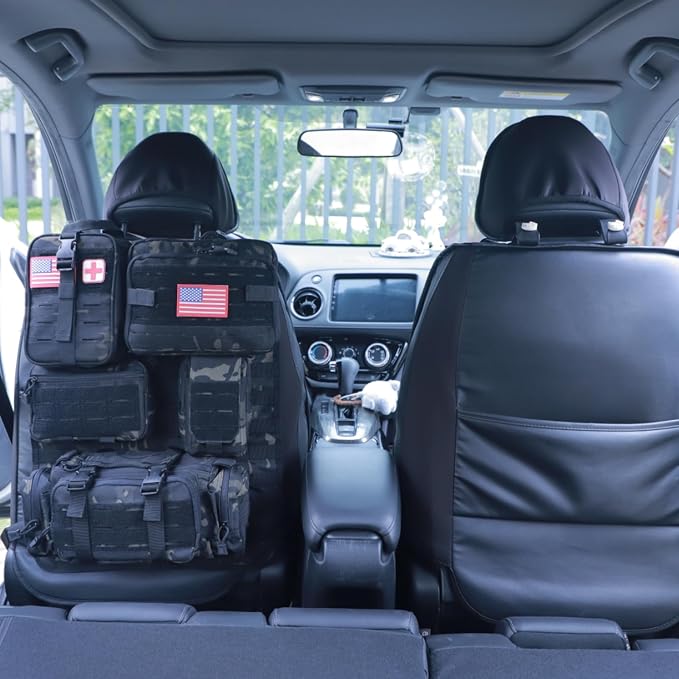 Universal Tactical Car Seat Back Organizer Bag Tactical Molle Vehicle Organizers Panel Vehicle Protector Organizers with 5 Detachable Pouches for Car Truck Ford Jeep (Upgraded D model Black camo) - Image 4