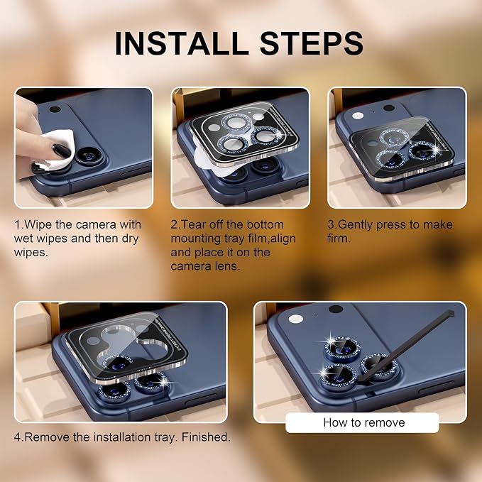 Misea Compatible for iPhone 17 Pro/iPhone 17 Pro Max Camera Lens Protector | 9H Tempered Glass Ultra HD Bling Camera Screen Protector Cover Metal Individual Ring Accessories, Deep Blue Glitter - Image 7